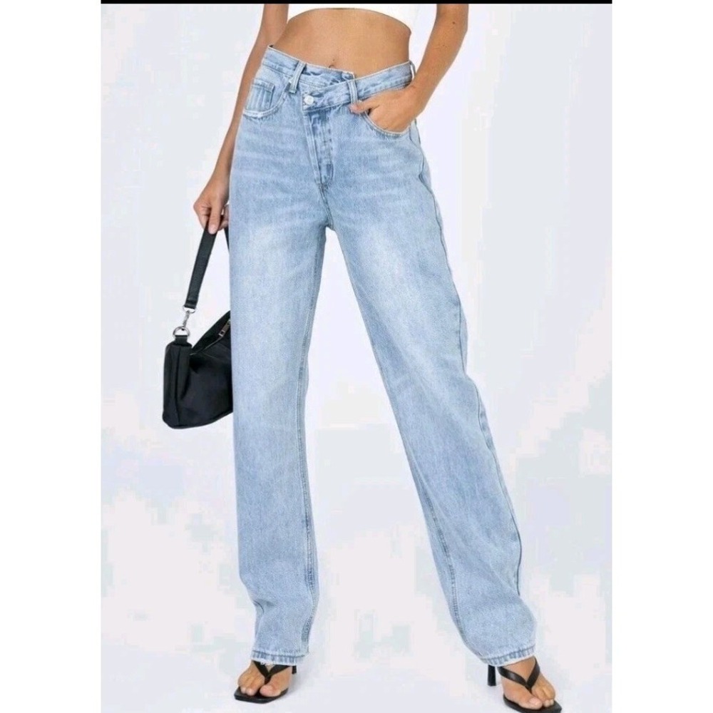 Princess Polly Holly Asymmetric Straight Leg Jean Light Wash Denim Size 0